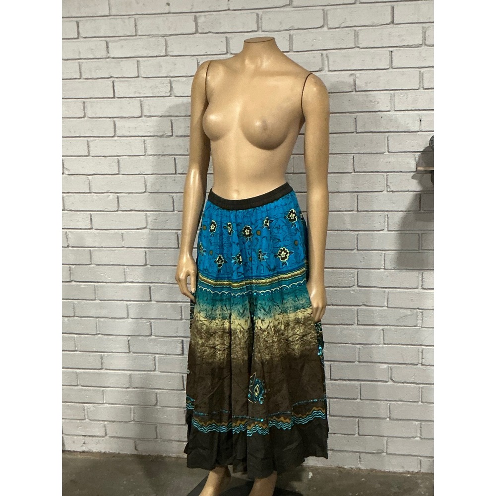 Chicos Blue Brown Embroidered Sequin Silk Tiered Maxi Skirt Boho Festival M